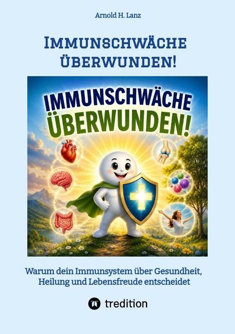 IMMUNSCHWÄCHE ÜBERWUNDEN! Strahlende Figur mit Schild, Organe, Natur und Sonne.