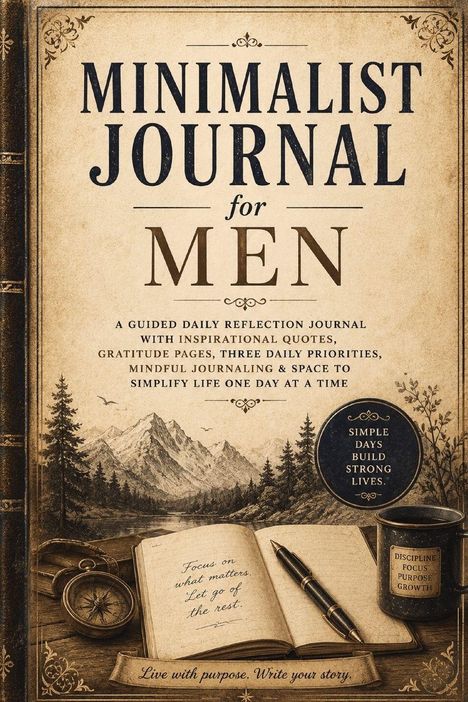 Minimalist Journal for Men. Fokus: "Simple days build strong lives." Illustration: Berge, Wald, Kompass, Notizbuch, Tasse.