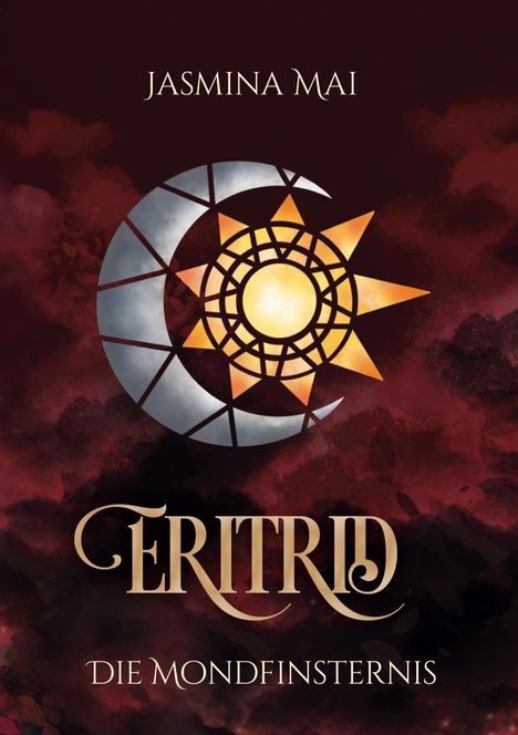 Text: "JASMINA MAI ERITRID DIE MONDFINSTERNIS". Ein stilisiertes Emblem mit einer Sonne und einem Mond auf dunklem Hintergrund.