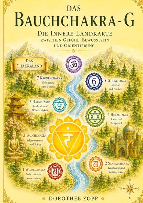 "Bauchchakra-G", "Innere Landkarte", "Chakraland". Illustration mit Symbolen und Landschaft, diverse Bauten und Symbole für Chakren.