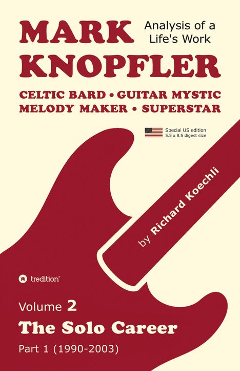 Titel: "MARK KNOPFLER - Analysis of a Life's Work". Illustration einer roten Gitarre auf hellem Hintergrund.