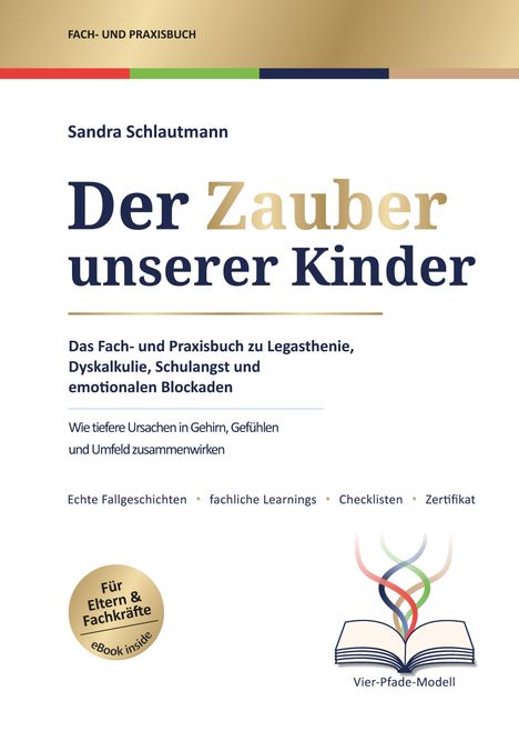 Titel: "Der Zauber unserer Kinder". Fachbuch zu Legasthenie. Illustration eines offenen Buches mit bunten Linien.