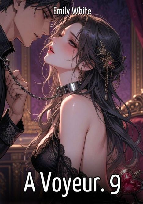 "Emily White" und "A Voyeur. 9". Illustration eines Paares, sie mit Halsband, in einem eleganten Raum.