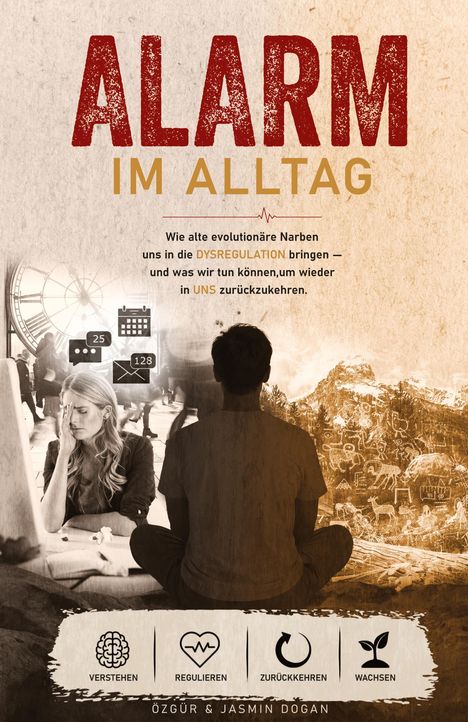 „ALARM IM ALLTAG“: Text über Dysregulation und Rückkehr. Person in Stress neben Mann vor Landschaft. Symbole: Verstehen, Regulieren.