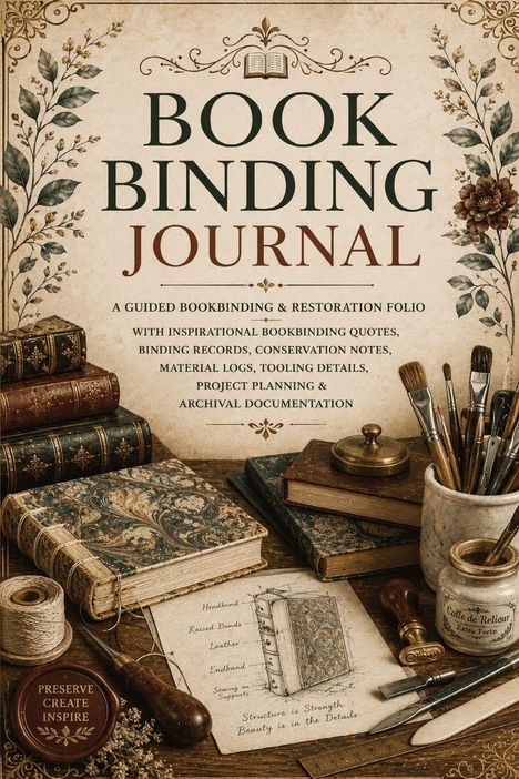 "Book Binding Journal" steht im Zentrum, umgeben von Werkzeugen, Notizen und gebundenen Büchern auf einem Holztisch.