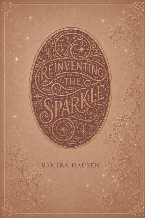 Illustration mit Text "Reinventing the Sparkle", geschwungene Muster, zarte Blüten und funkelnde Sterne auf bronzefarbenem Hintergrund.