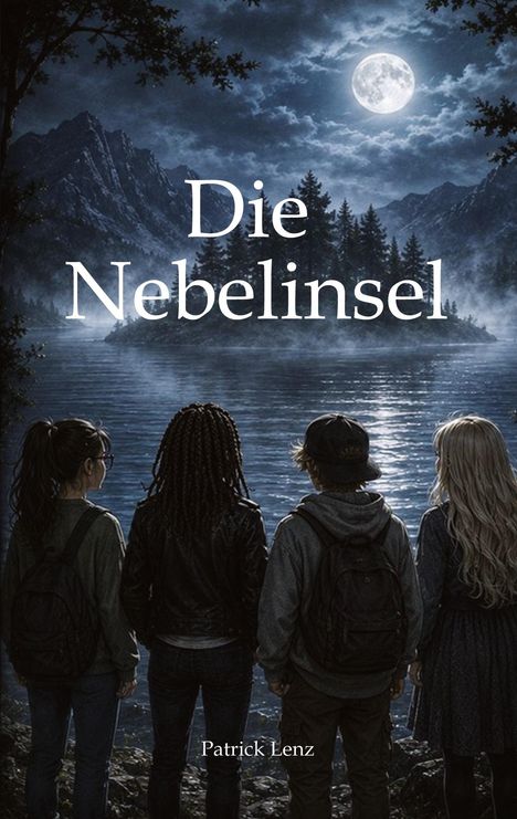 Text: „Die Nebelinsel“ und „Patrick Lenz“. Vier Kinder betrachten einen nebelverhangenen See im Mondlicht.