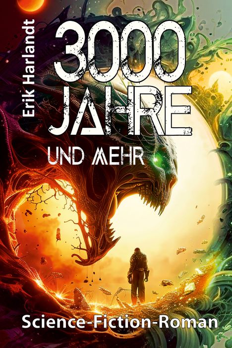 Text: "3000 Jahre und mehr", "Erik Harlandt", "Science-Fiction-Roman". Illustration: Mensch und Kreatur vor farbigem Himmel.