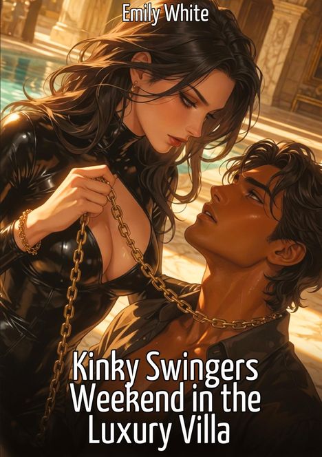 Text: "Emily White", "Kinky Swingers Weekend in the Luxury Villa". Illustration: Frau in Lackoutfit mit Kette, Mann kniet vor ihr.