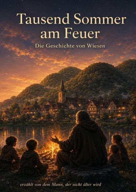 "Tausend Sommer am Feuer. Die Geschichte von Wiesen. Erzählt von dem Mann, der nicht älter wird." Menschen um ein Lagerfeuer.