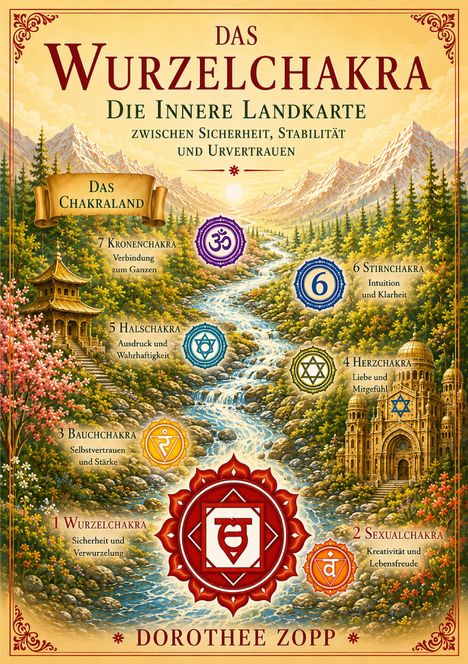 Texte: "Das Wurzelchakra", "Die Innere Landkarte", "Das Chakraland". Tarot-Landkarte mit Bergen, Fluss und Tempel.