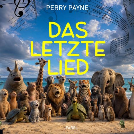 "PERRY PAYNE. DAS LETZTE LIED. FABEL." Eine Gruppe verschiedener Tiere, die am Strand stehen und singen, mit Noten im Himmel.