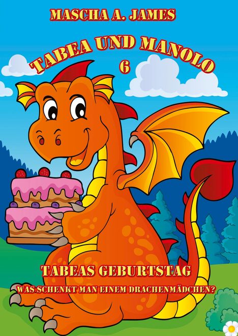 Ein fröhlicher, roter Drache mit Flügeln hält eine zweistöckige rosa Torte; blauer Himmel im Hintergrund.