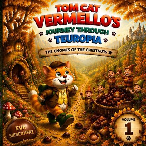 "Tom Cat Vermello's Journey Through Teuropa: The Gnomes of the Chestnuts" und "Eva Siebenherz". Illustration mit Katze und Gnomen.