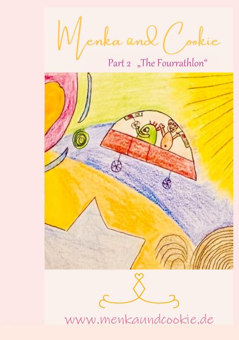 "Menka and Cookie Part 2 ‚The Fourrathlon‘ www.menkaundcookie.de“; Illustration mit zwei Figuren in einem Ufo.