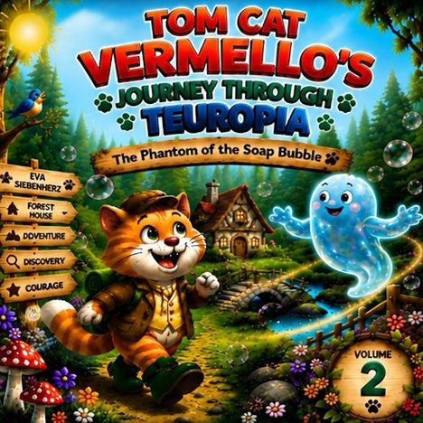 "Tom Cat Vermello's Journey Through Teuropia" steht oben. Ein fröhlicher Kater und ein fröhliches Gespenst auf Waldweg.