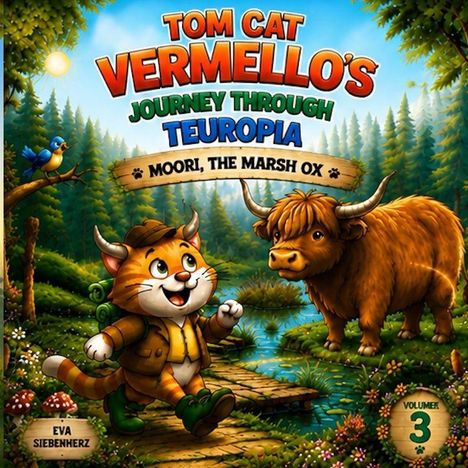 "TOM CAT VERMELLO'S JOURNEY THROUGH TEUROPIA: MOORI, THE MARSH OX." Illustration mit einer Katze und einem Ochsen im Wald.