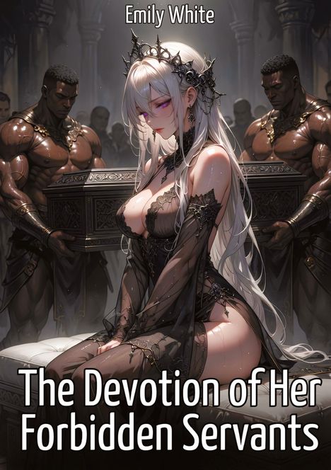 "The Devotion of Her Forbidden Servants" und "Emily White." Fantasie-Illustration: Frau mit Krone, von muskulösen Wachen umgeben.