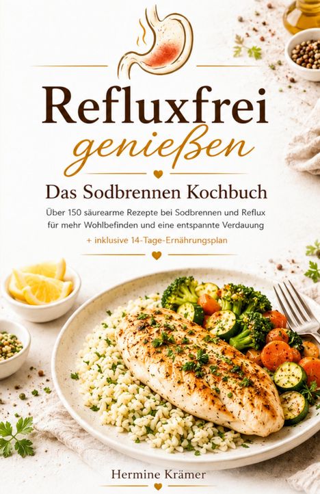 „Refluxfrei genießen - Das Sodbrennen Kochbuch“ steht oben. Ein Teller mit Hähnchen, Reis, Brokkoli und Tomaten.