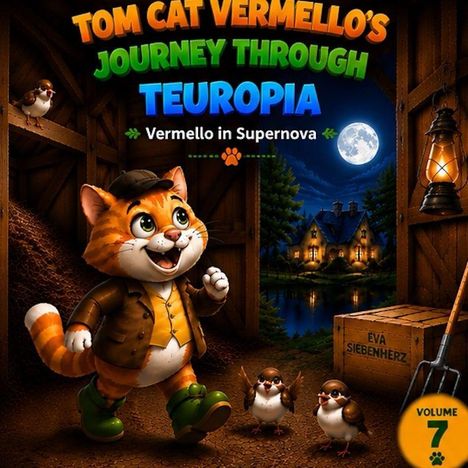 Text: "Tom Cat Vermello's Journey Through Teuropia", "Vermello in Supernova", "Eva Siebenherz", "Volume 7". Illustration eines fröhlichen, orange getigerten Katers in Abenteurerkleidung mit zwei Vögeln und einer Hütte im Hintergrund bei Vollmondlicht.
