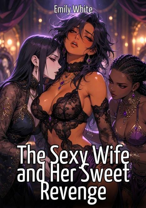 "Emily White" oben, "The Sexy Wife and Her Sweet Revenge" unten. Drei Frauen in eleganter, aufreizender Kleidung.