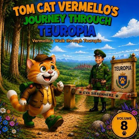 Der Titel ist "Tom Cat Vermello's Journey Through Teuropa". Ein lachender, orangefarbener Kater wandert durch einen Wald, begleitet von einem uniformierten Mann. Ein Schild zeigt den Namen "Teuropa". Es ist Band 8.