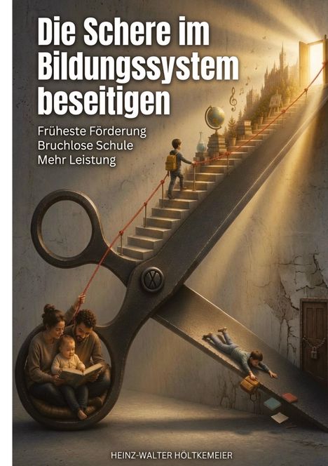 „Die Schere im Bildungssystem beseitigen“ steht oben geschrieben. Eine Schere bildet eine Treppe und Rutsche.