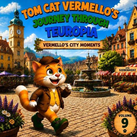 "Tom Cat Vermello's Journey Through Teuropia," zeigt einen fröhlichen Cartoon-Kater in einer malerischen Stadt.