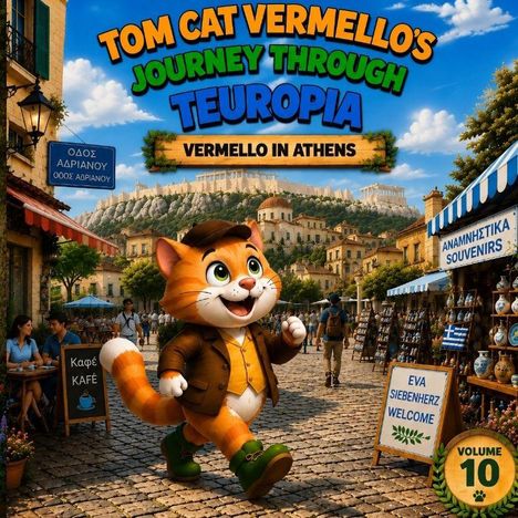 Titel: "Tom Cat Vermello's Journey Through Teuropa". Zeichnung: Vermello, der Kater, spaziert fröhlich durch griechische Straßen.