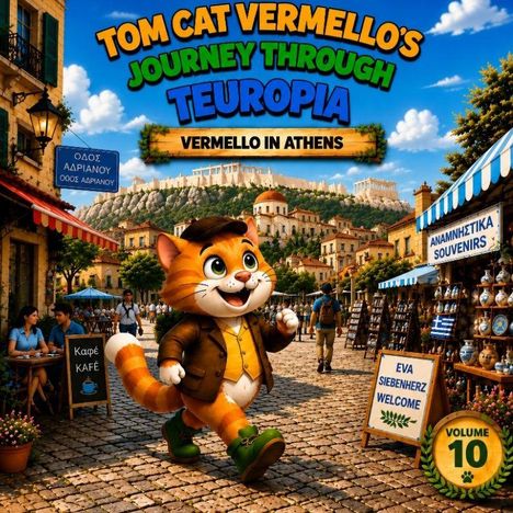 "Tom Cat Vermello’s Journey Through Teuropa. Vermello in Athens. Eva Siebenherz Welcome. Volume 10." Illustration mit fröhlicher Katze.