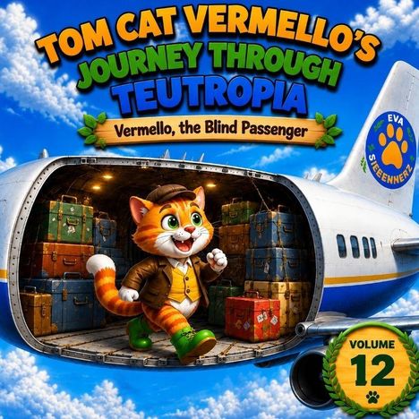 "Tom Cat Vermello’s Journey Through Teutropia. Vermello, the Blind Passenger. Volume 12." Illustration: Katze verlässt Flugzeug voller Gepäck.