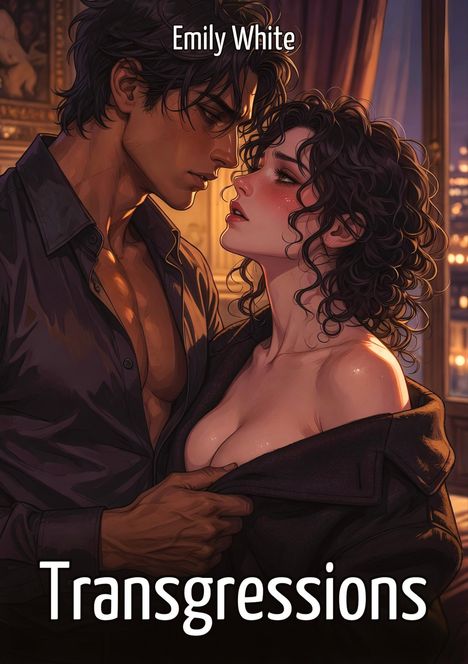 „Emily White“ oben, „Transgressions“ unten. Illustration eines Paares, das sich nah ist, in einem warm beleuchteten Raum.
