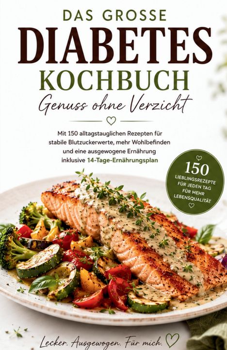 "Das große Diabetes Kochbuch. Genuss ohne Verzicht. Teller mit Lachs, Zucchini, Paprika und Brokkoli."