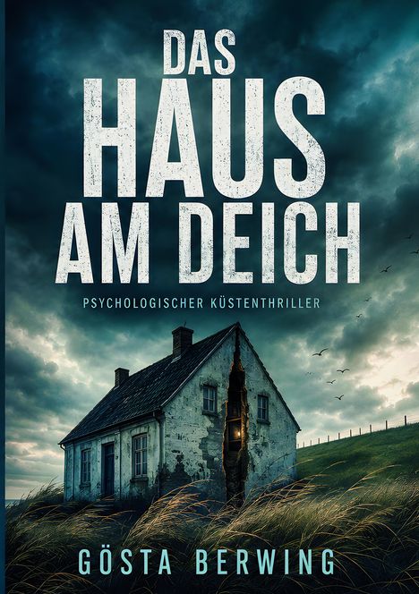 "Das Haus am Deich", psychologischer Küstenthriller. Unten: Gösta Berwing. Ein einsames Haus vor stürmischem Himmel.