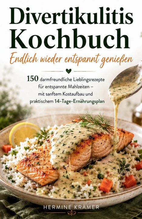 "Divertikulitis Kochbuch" ist oben zu lesen. Darunter ein Teller mit Lachs auf Reis, garniert mit einer hellen Sauce.