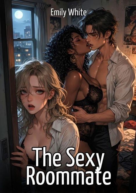 Text: "Emily White" und "The Sexy Roommate". Illustration einer Frau an einer Tür, ein Paar im Hintergrund bei Nacht.