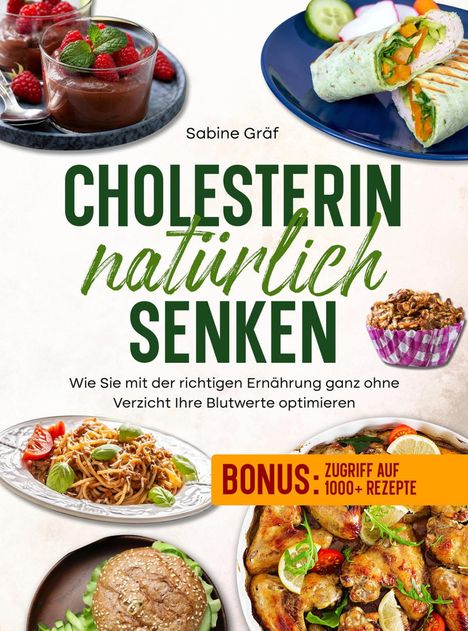 Text: "Cholesterin natürlich senken", "BONUS: Zugriff auf 1000+ Rezepte." Verschiedene Speisen sind abgebildet.