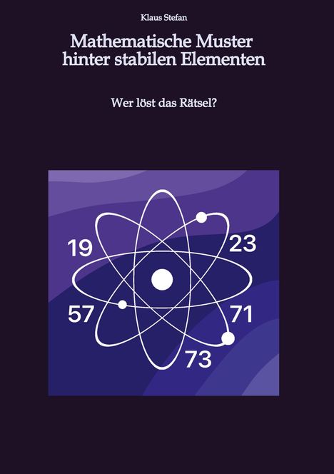 Text: "Mathematische Muster hinter stabilen Elementen. Wer löst das Rätsel?" 
Illustration eines Atoms mit Zahlen 19, 23, 57, 71, 73.