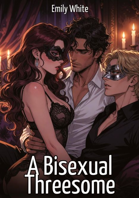 Text: "Emily White", "A Bisexual Threesome". Illustration: Drei maskierte Personen in eleganter Kleidung bei Kerzenschein.