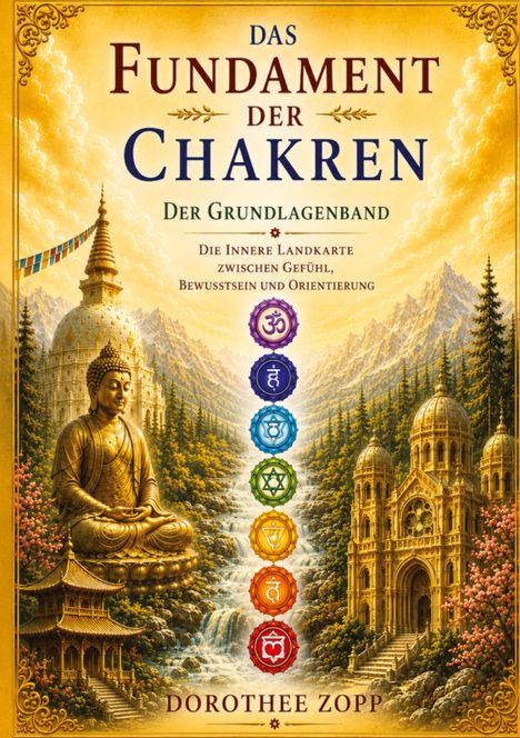 "Das Fundament der Chakren: Der Grundlagenband" von Dorothee Zopp. Illustration mit Buddha und farbigen Chakren-Symbolen.