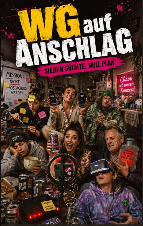 "WG auf Anschlag: Sieben Süchte, null Plan". Eine chaotische Gruppe in einer unordentlichen Wohnung mit vielen Requisiten.