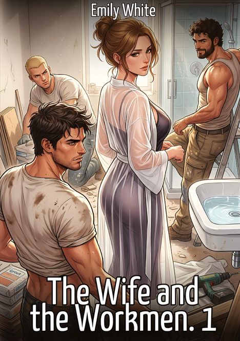 Eine Illustration zeigt vier Personen in einem renovierungsbedürftigen Raum. Text: „Emily White. The Wife and the Workmen. 1“.
