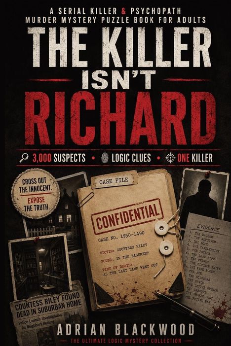 Titel: "THE KILLER ISN'T RICHARD". Infos: 3,000 Verdächtige, Logik-Hinweise, ein Mörder. Motiv: Vertrauliche Fallakten, Tatwaffenliste.