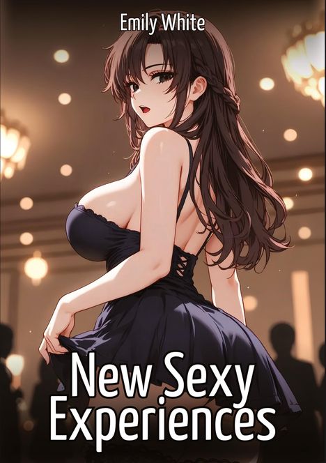"Emily White" und "New Sexy Experiences" in weißer Schrift. Eine stilvolle Frau in einem schwarzen Abendkleid.