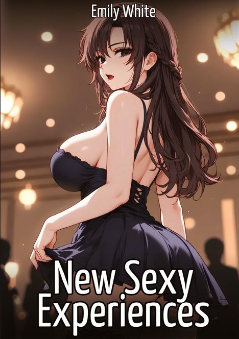 "Emily White" oben, "New Sexy Experiences" unten. Illustration einer Frau in elegantem Kleid, wendet sich zur Seite.