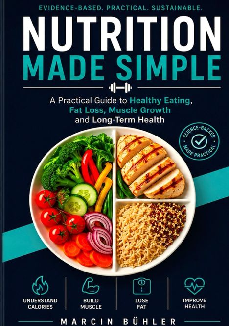 "Nutrition Made Simple"–Leitfaden zu gesunder Ernährung. Teller mit Gemüse, Hähnchen und Reis. Symbole für Gesundheitsthemen.
