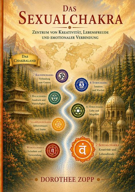 Titel: "Das Sexualchakra". Untertitel: "Zentrum von Kreativität, Lebensfreude und emotionaler Verbindung". Chakra-Symbole.