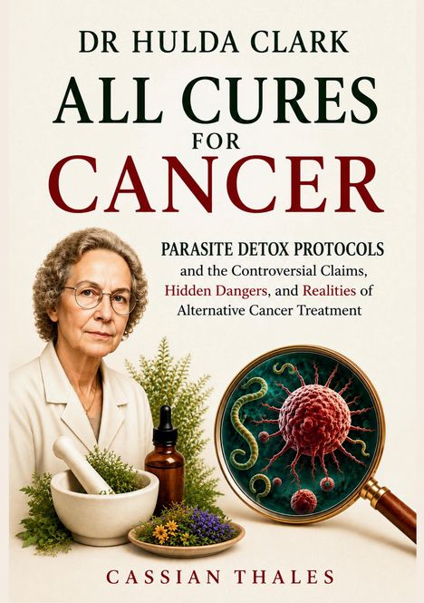 "Dr. Hulda Clark: All Cures for Cancer. Parasite detox protocols. Cassian Thales. Frau, Pflanzen, Mörser, Lupe mit Zelle."