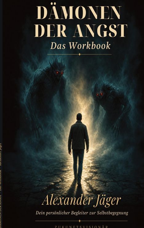 „Dämonen der Angst - Das Workbook“ von Alexander Jäger. Zwei monsterähnliche Wesen mit roten Augen umgeben eine Person.