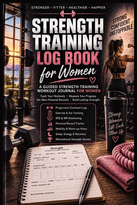 "Strength Training Log Book for Women" in großen Buchstaben. Hantel, Notizbuch, Trinkflasche und Handtuch auf Holztisch.